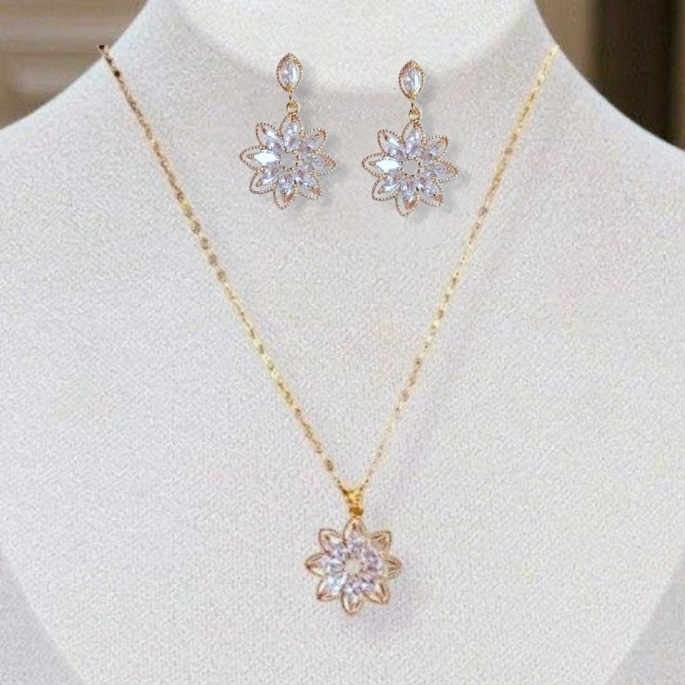 Floral Marquis Diamond Necklace Earring Jewelry Set